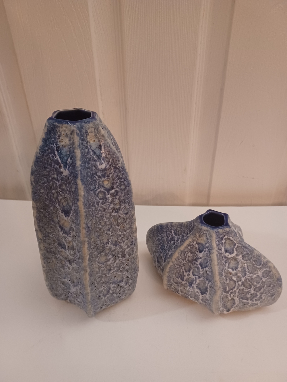 Set Of 2 Textured Brutalist Style Ceramic Vases Blue Drip Glaze Decor Rustic